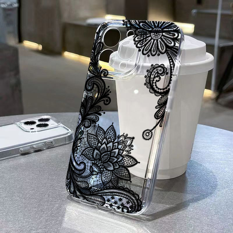 Tablets - Trendige schwarze Spitze-Blumenmuster-Handyhülle für Xiaomi Poco