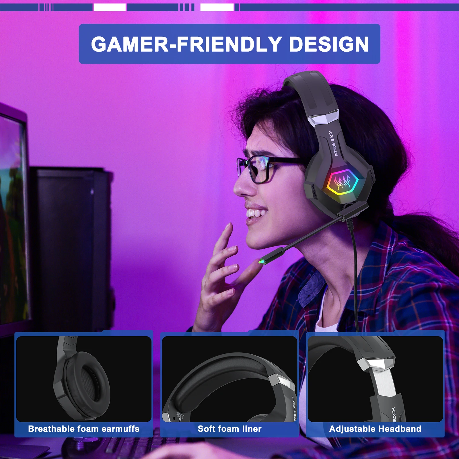Gaming Headset With Mic Rgb - Kabelgebundenes Gaming-Headset mit 7.1-Surround-Sound, Gaming-Kopfhörer mit